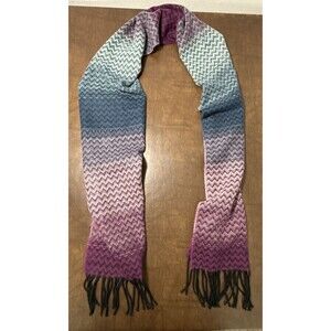 Softer Than Cashmere Blue & Pink Zig Zag Print 3" Fringe Scarf - 64" EUC